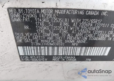 2009 Toyota Rav4 Base V6 z USA, uszkodzony, nr VIN 2T3BK33V69W008592